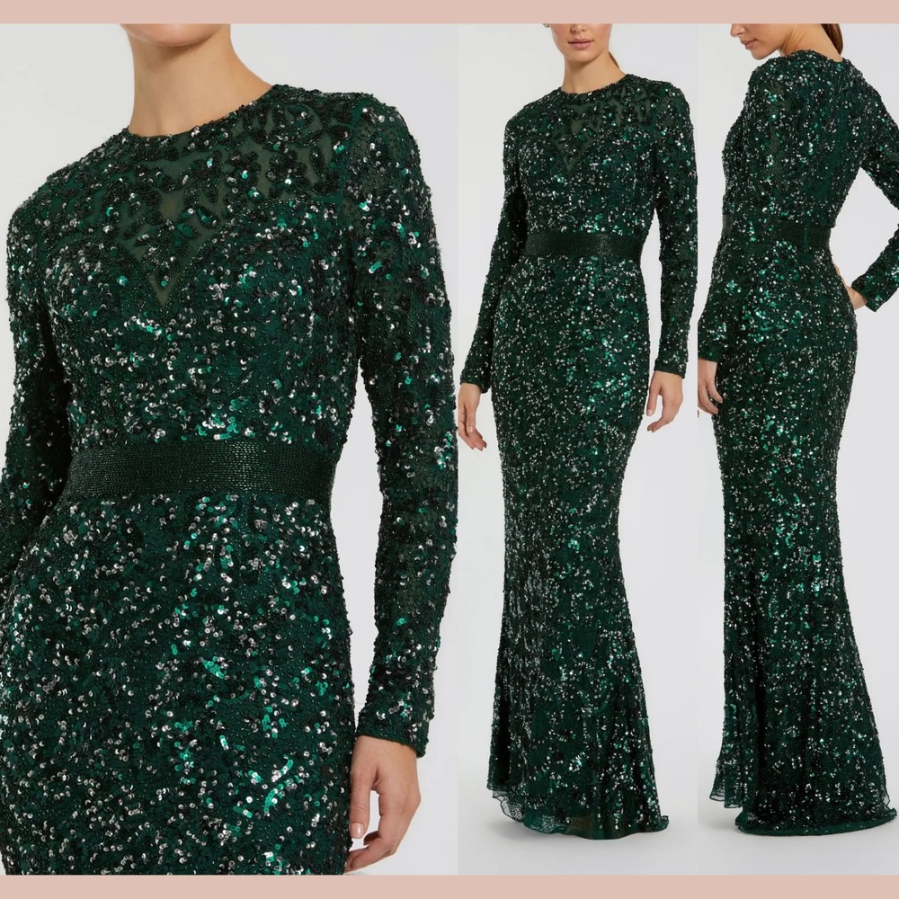 NWT Mac Duggal [ 16 ] 5453 Hand Embellished Long Sleeve Gown Forest Green‎ J1749